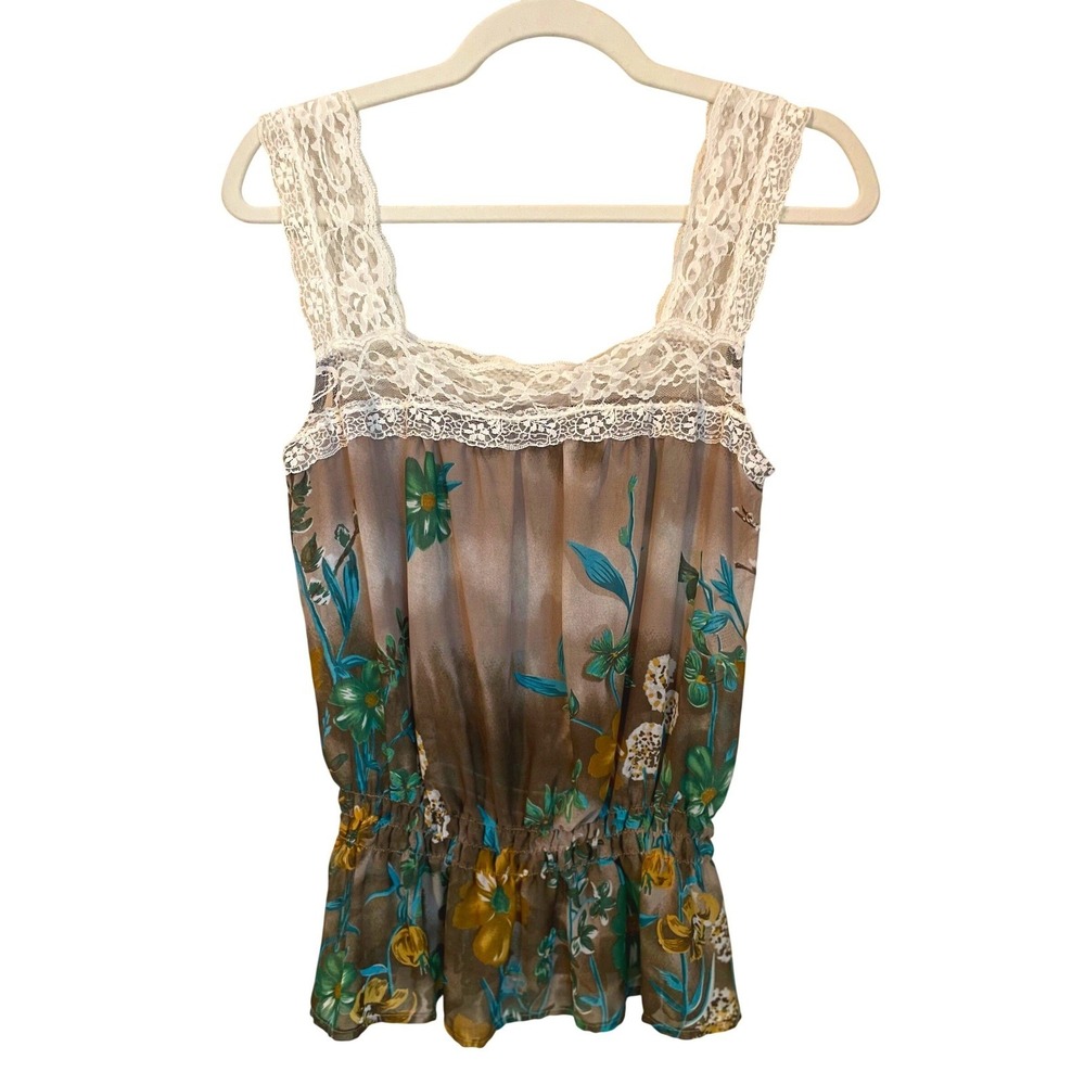 XOXO Vintage Y2k Size M Fairy Top Sheer‎ Floral Lace Trim Sleeveless Ethereal